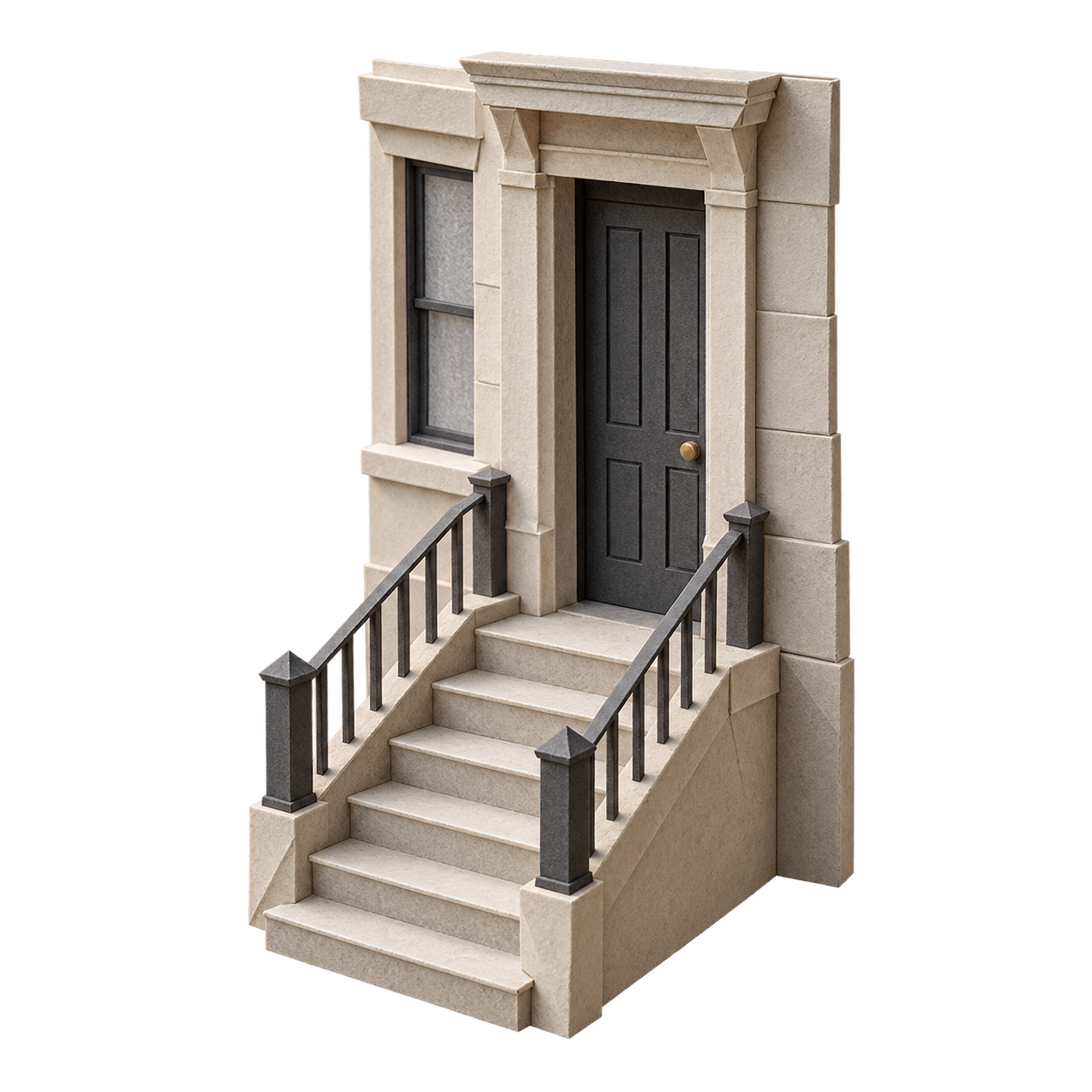 A small New York brownstone stoop sculpted from folded paper