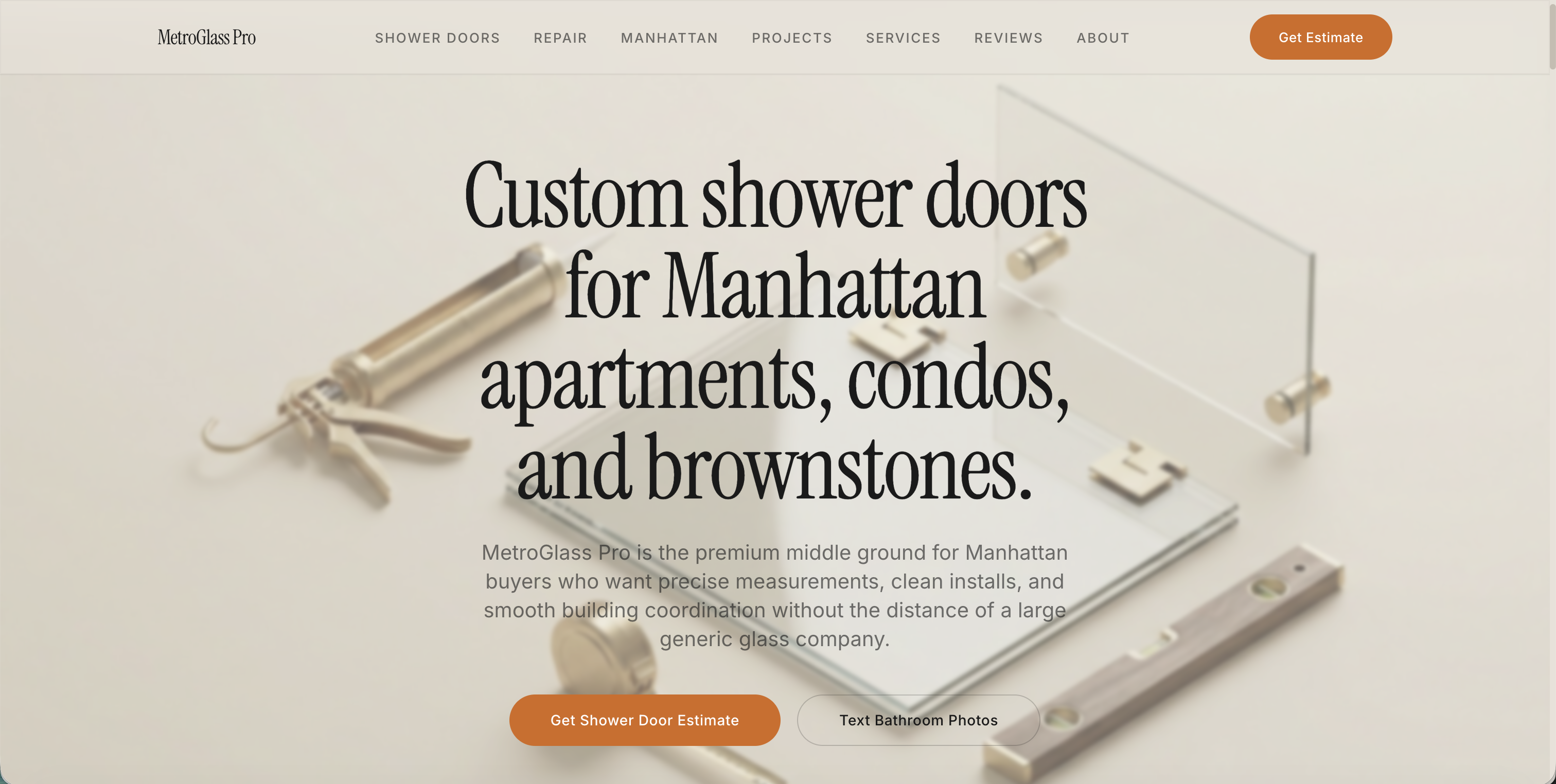 MetroGlass Pro Manhattan shower doors homepage screenshot
