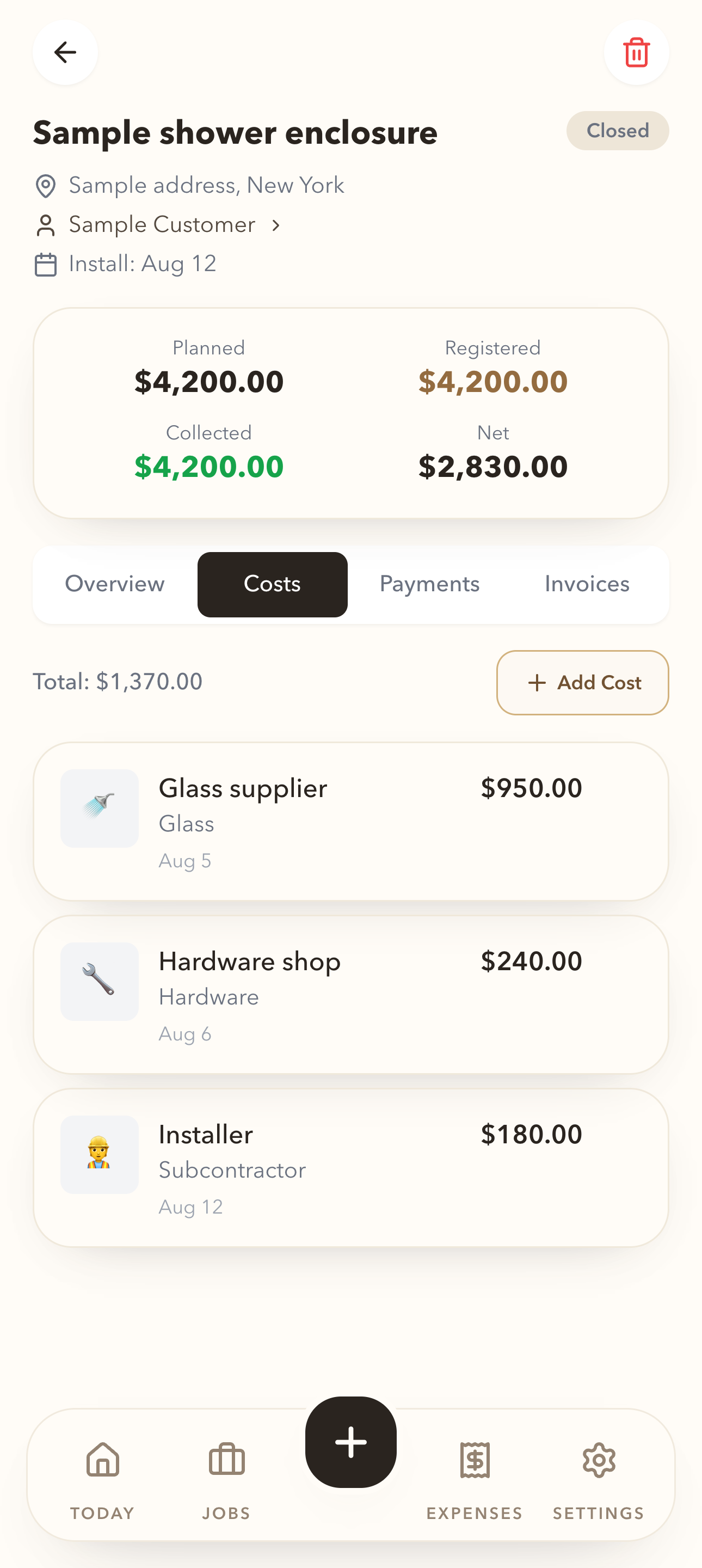 MetroGlass OS cost view with fictional glass, hardware and installer expenses
